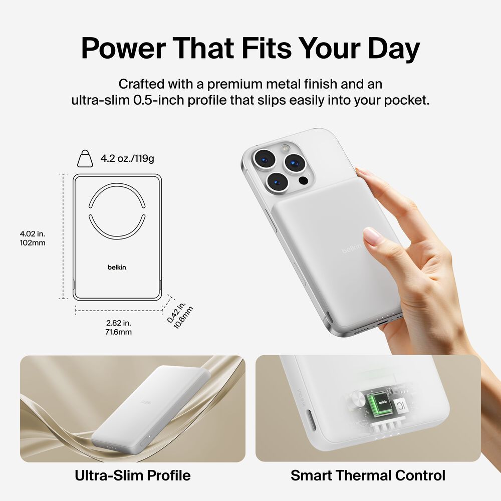 Slim Magnetic Power Bank 5K, White, hi-res